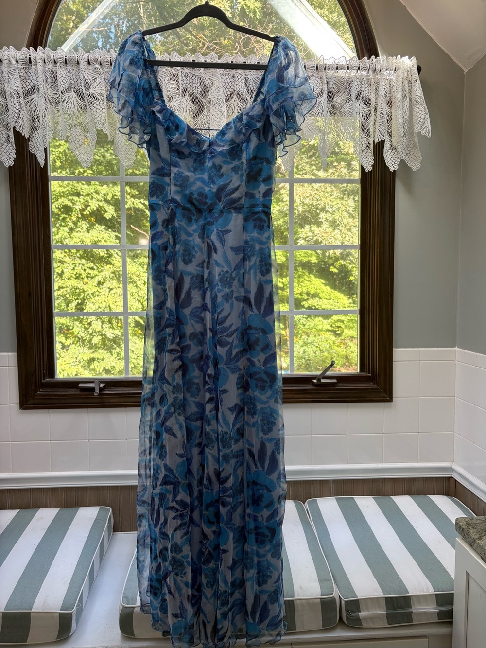 Lulu's Blue Floral Chiffon Ruffle-Trim Maxi Dress